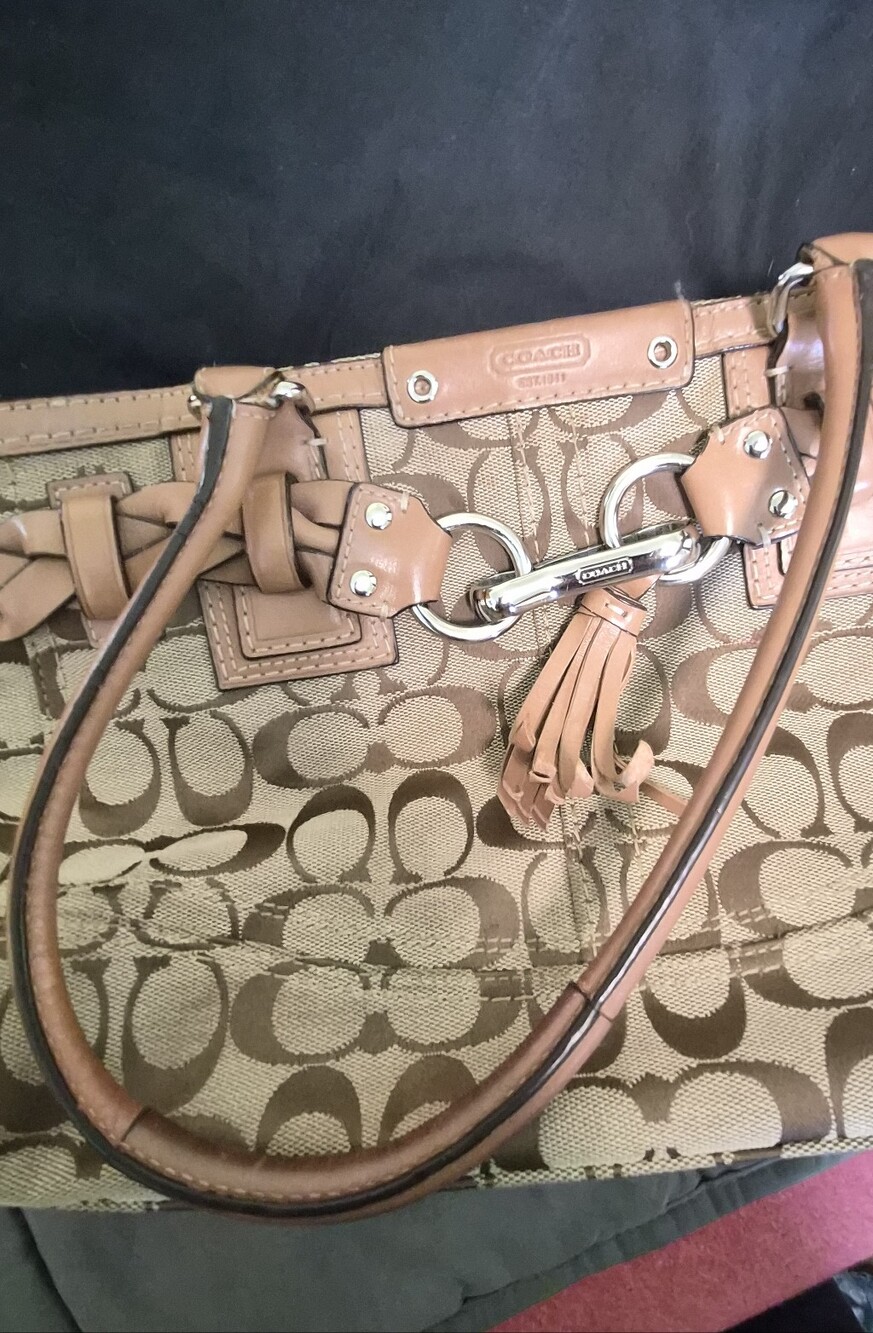 Coach Beige/Brown Signature Tote with Braided Leather Trim - Picture 2 of 6